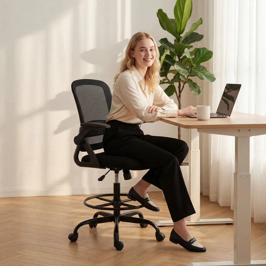 HOMCOM Scaun de Birou Ergonomic, Scaun Rotativ din Plasă, Înălțime Reglabilă și Suport pentru Picioare, Scaun de Birou cu Suport Lombar și Brațe Rabatabile, Capacitate 120kg, Negru | Aosom Romania