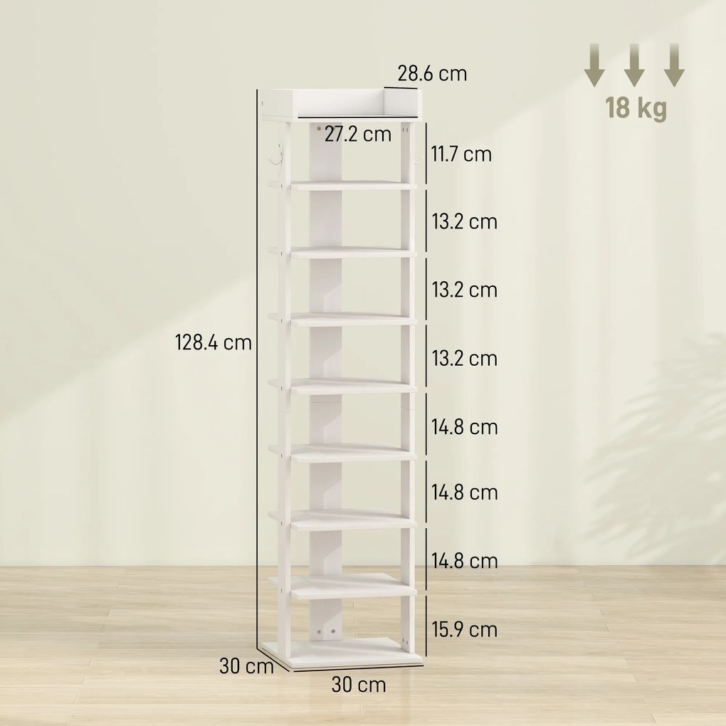 HOMCOM Pantofar 9 niveluri organizator din lemn pentru pantofi cu raft superior și 2 cârlige, pentru hol, Alb | Aosom Romania