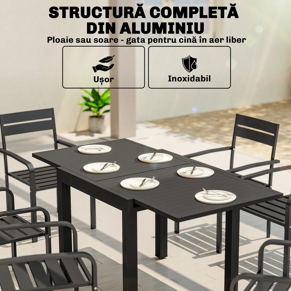 Outsunny Masă de Grădină Extensibilă pentru 4-6 Persoane 80/160x80 cm, Masă de Prânz pentru Exterior din Aluminiu cu Blat Lamelar, pentru Terasă, Balcon, Negru | Aosom Romania