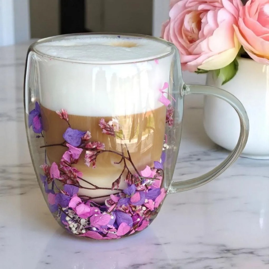 Cană termo, din sticlă borosilicată, cu gypsophila, hortensii, trandafiri, 300 ml, pereți dubli, eCarla, SZK166