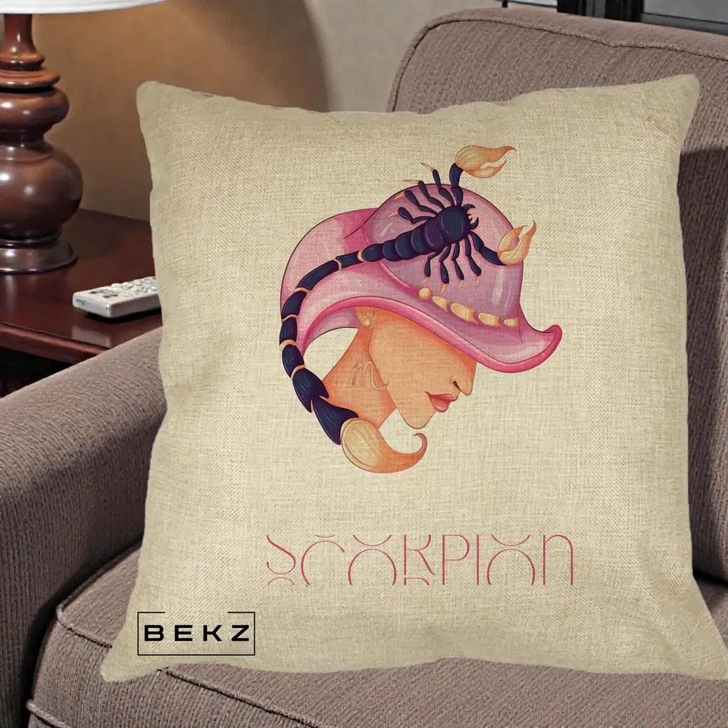 Perna Personalizata Zodiac Scorpion Cowgirl, 40x40 cm, Crem, Husa Detasabila, Perna Inclusa, BEKZ®