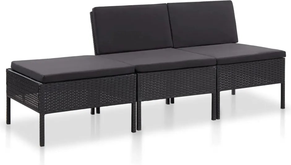vidaXL Set mobilier de grădină cu perne, 3 piese, negru, poliratan