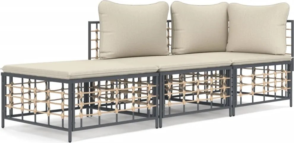 vidaXL Set șezlonguri de grădină 3 piese cu perne, antracit, poliratan