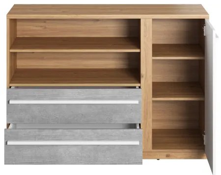 Comoda Piano Cu 1 Usa Si 2 Sertare, Stejar Nash, Alb Si Beton, 125 Cm