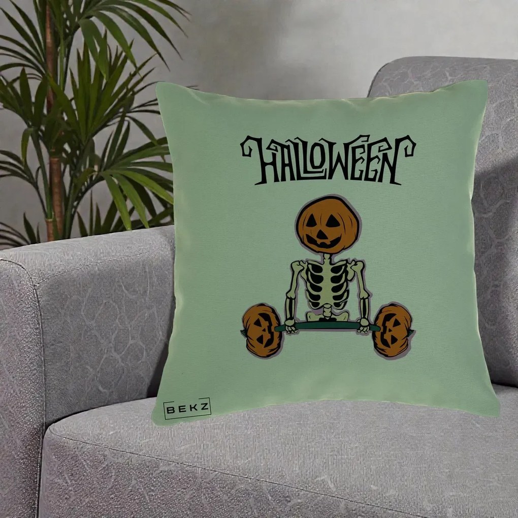 Perna Decorativa Halloween Schelet cu Cap de Dovleac Powerlifting, 40x40 cm, Verde, Husa Detasabila, Perna Inclusa, BEKZ®