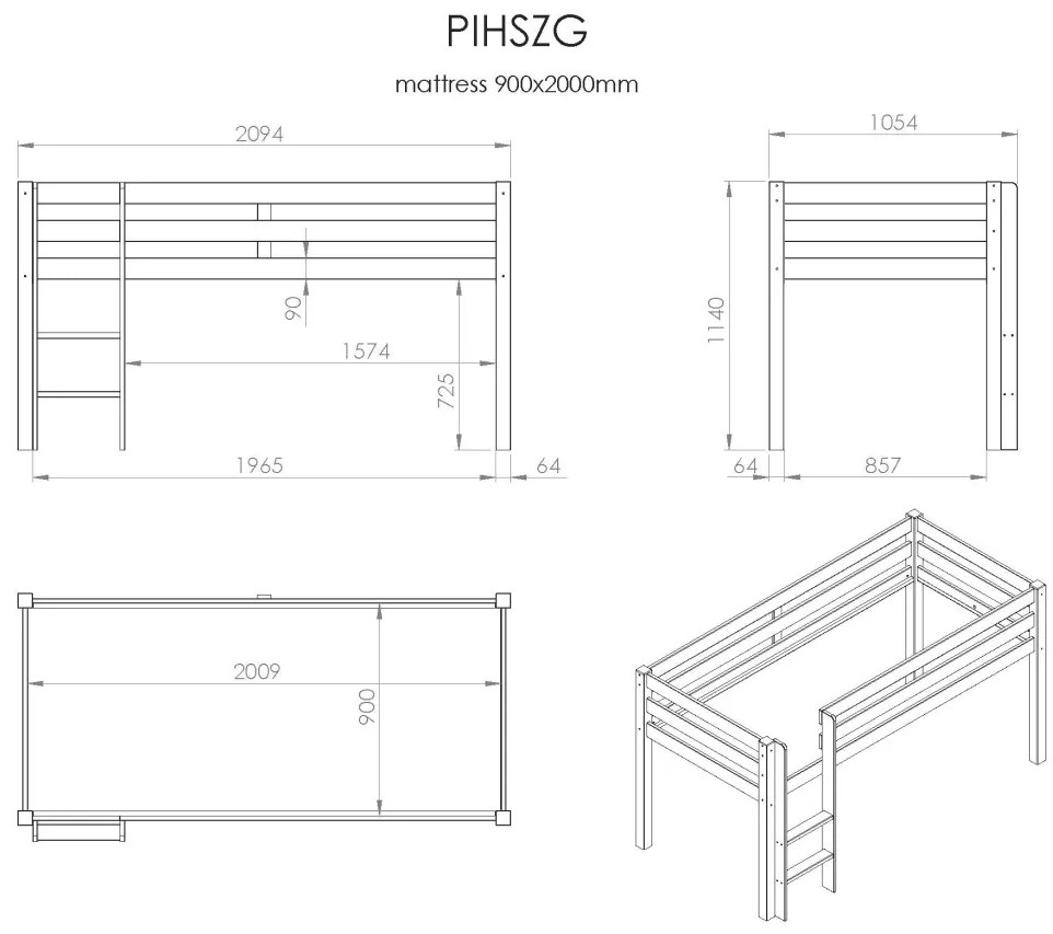 Pat înălțat pentru copii VIPACK Pino cu scară, 90 x 200 cm, alb, înălțime 115 cm