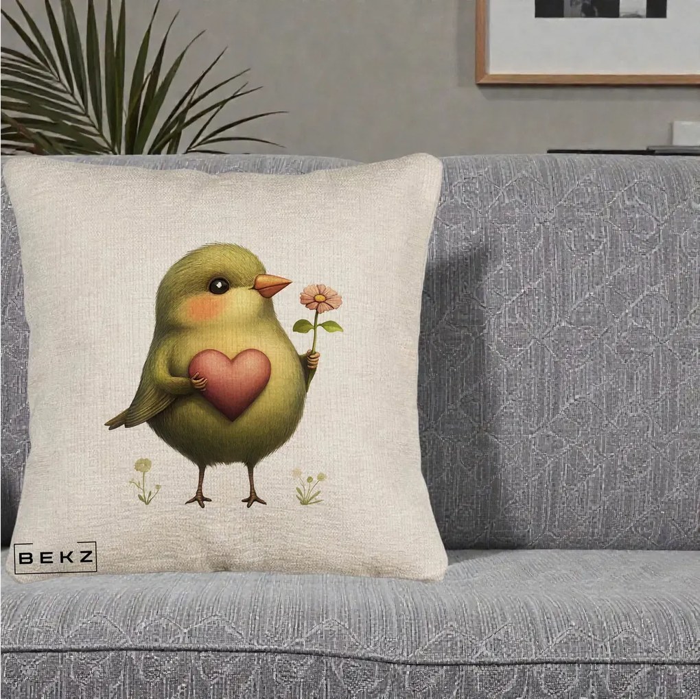 Perna Decorativa Pasare Verde cu Inima si Floare, 40x40 cm, Bej Canapea, Husa Detasabila, Perna Inclusa, BEKZ®