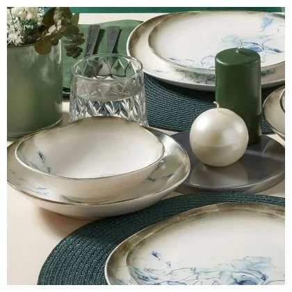 Set de masă, 24 piese, porțelan, alb/albastru