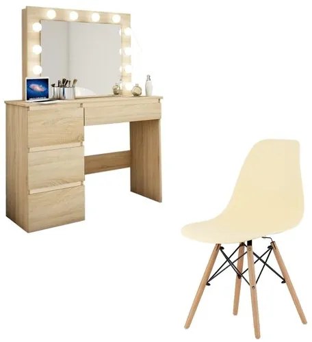 Masa de toaleta/machiaj + Scaun stil scandinav, Artool, stejar, cu oglinda si LED-uri, 94x43x141 cm