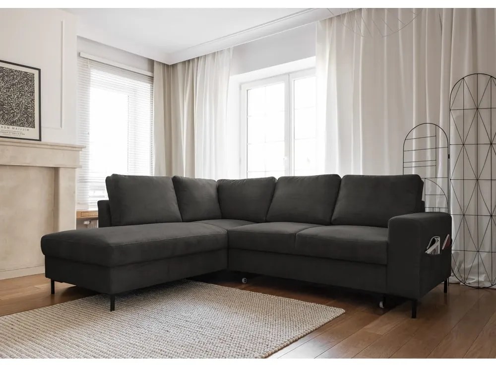 Colțar gri închis extensibil cu tapițerie din catifea reiată (cu colț pe partea stângă ) Lofty Lilly – Miuform