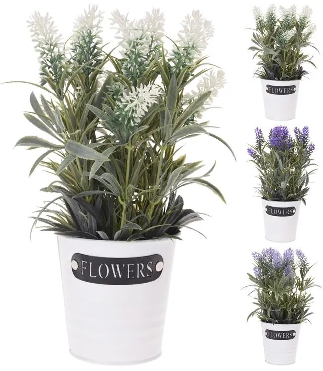 Planta artificiala Lavanda, Azay Design, pentru interior, din polipropilena verde cu flori diverse culori, in ghiveci metalic alb, bogata in frunze si flori, de statura mica, inaltime 28cm