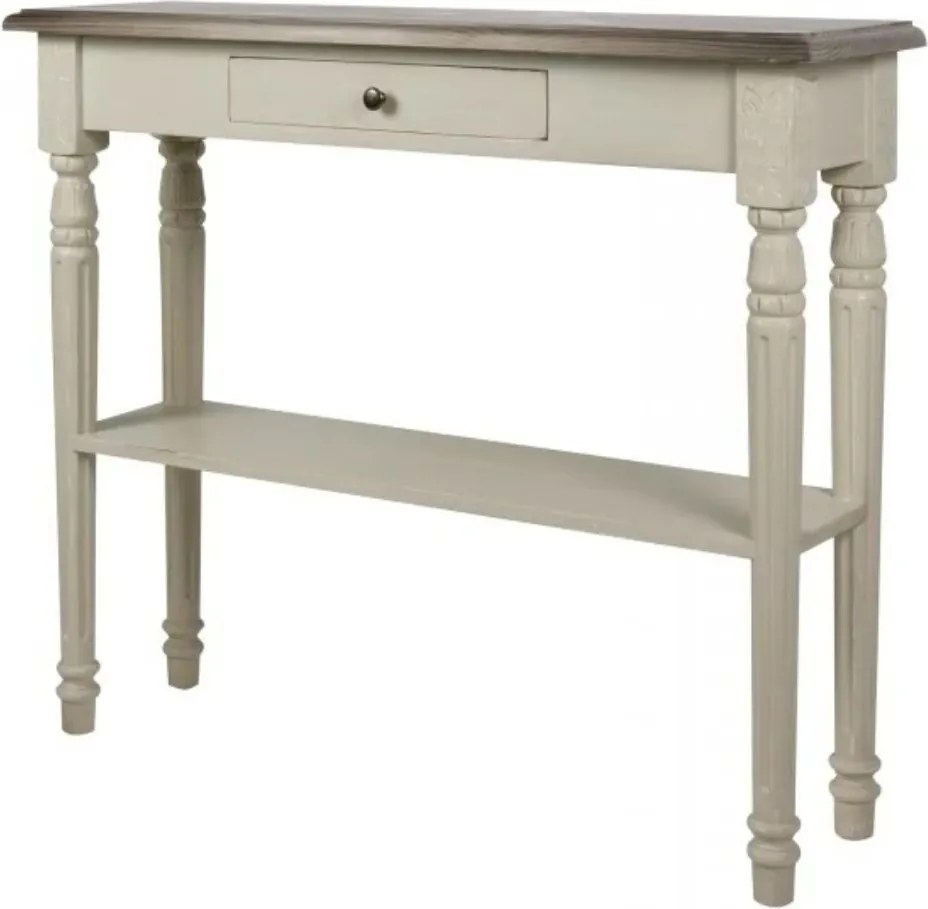 Consolă hol shabby chic din lemn de pin, alb, cu blat natur, sertar, raft și picioare strunjite canelate, 85 x 100 x 30 cm, „Harlem”
