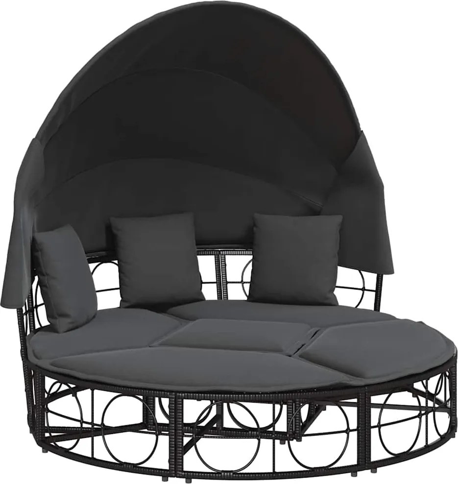 vidaXL Pat șezlong pentru exterior cu baldachin, negru, poliratan