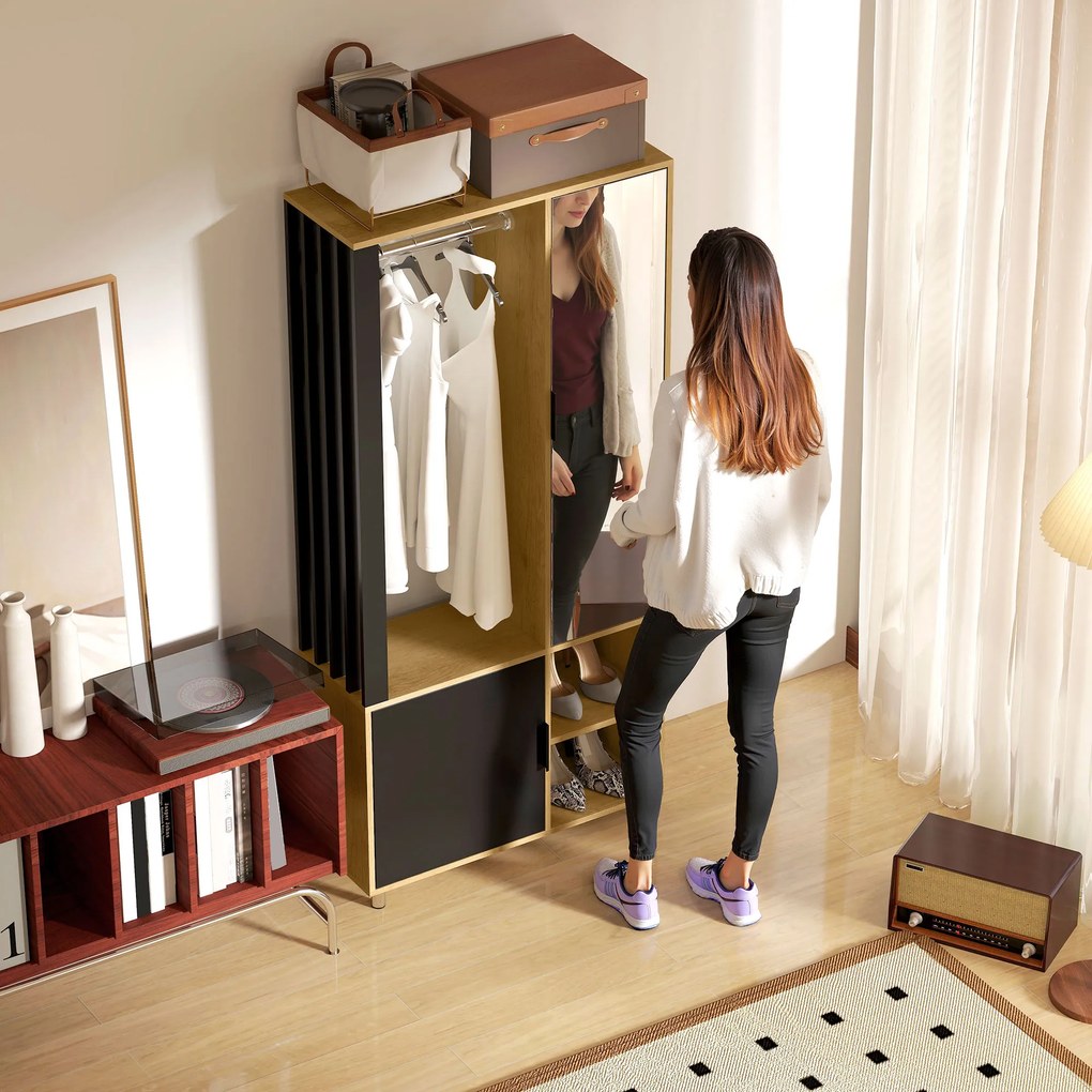 HOMCOM Dulap cameră penderie cu mirror, compartimente deschise, dulap și șipcă de suspendare, 80 x 30 x 170 cm, natural | Aosom Romania