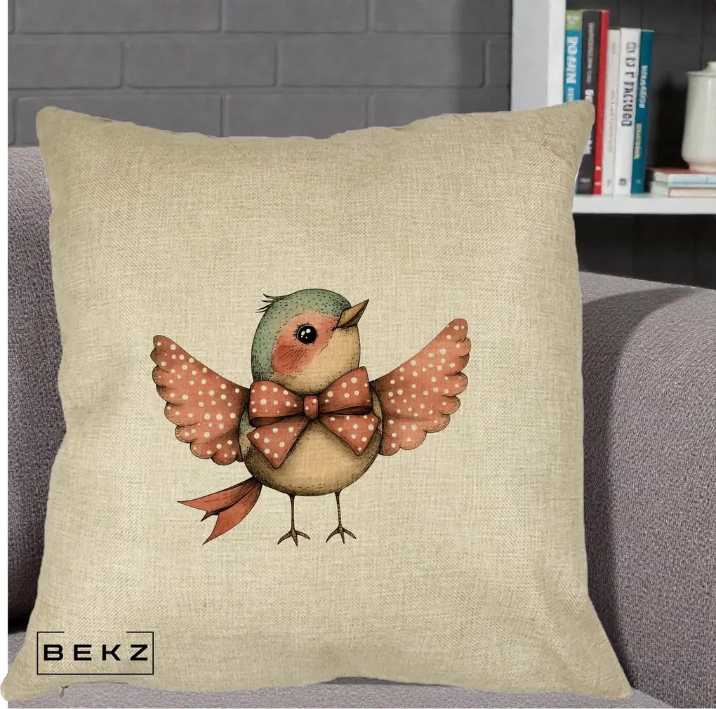 Perna Decorativa Pasare Roz cu Aripi si Fundita, 40x40 cm, Crem, Husa Detasabila, Perna Inclusa, BEKZ®
