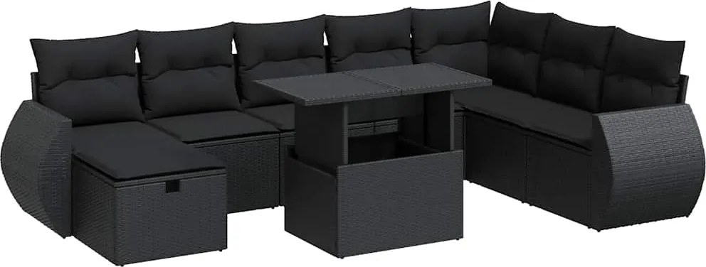 vidaXL Set mobilier de grădină cu perne, 9 piese, negru, poliratan