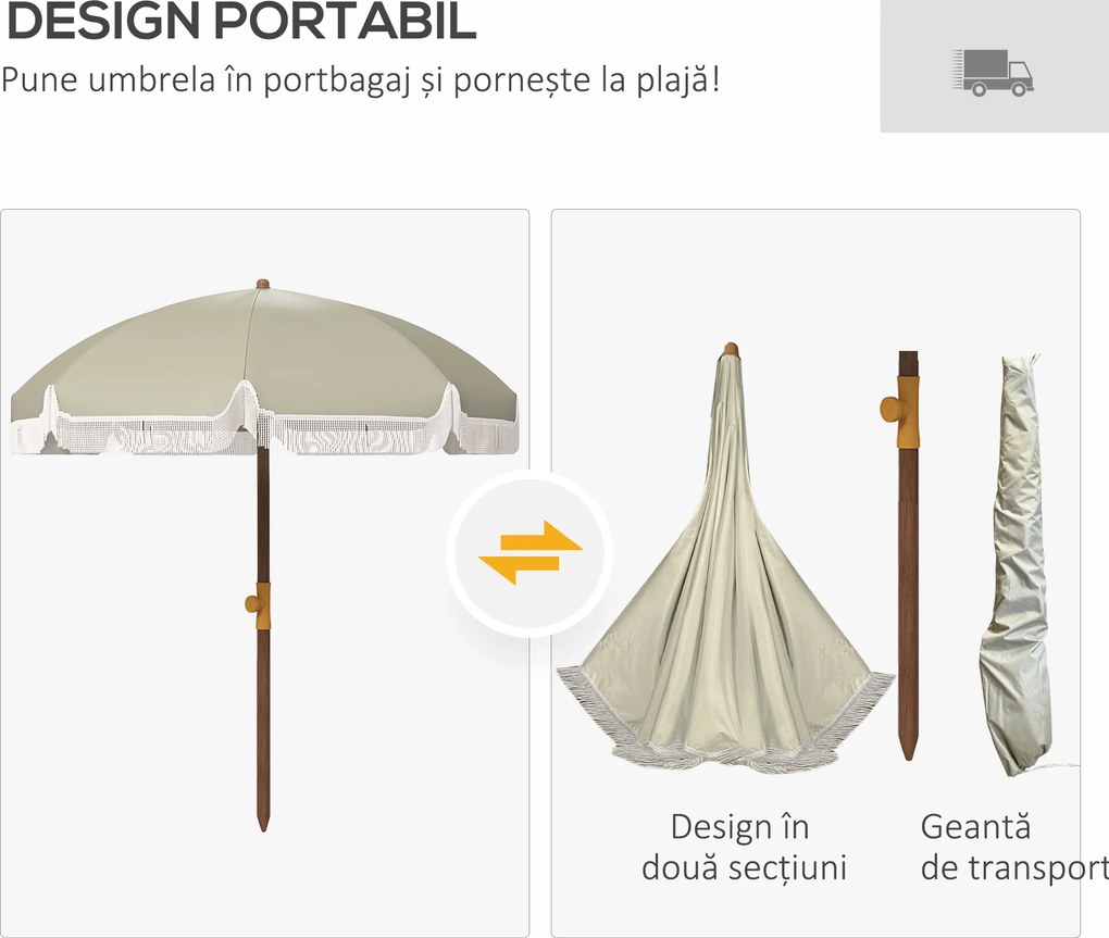 Outsunny Umbrelă de Plajă Portabilă cu Volane în Aer Liber cu Baldachin Ventilat, Geantă de Transport, Ø1.9x2.1 m, Alb-Crem | Aosom Romania