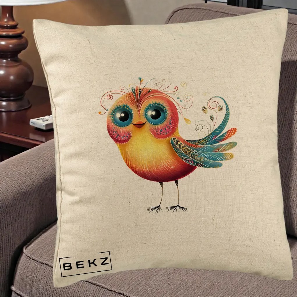 Perna Decorativa Pasare Vibranta cu Aripi Ornamentale, 40x40 cm, Bej, Husa Detasabila, Perna Inclusa, BEKZ®