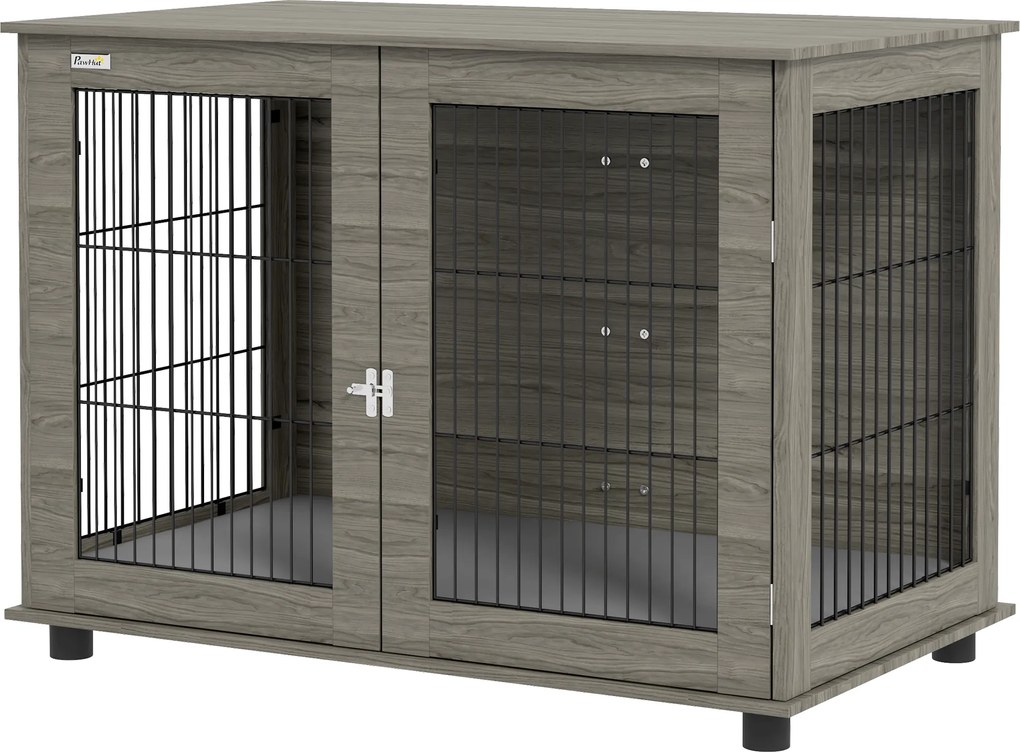 PawHut Cușcă pentru câine 2 în 1 masă de cafea cu pernă de plus detașabilă ușă blocabilă 100 x 60 x 73,5 cm gri | Aosom Romania