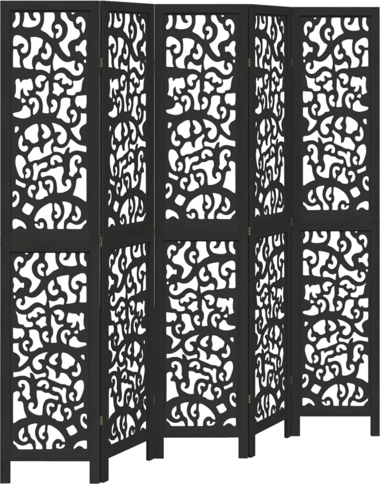 vidaXL Paravan de cameră cu 5 panouri, negru, lemn masiv paulownia