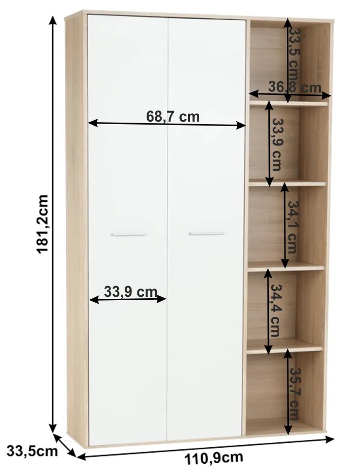 Dulap cu rafturi , stejar sonoma alb , biblioraft, 111 cm lungime - Bortis Impex