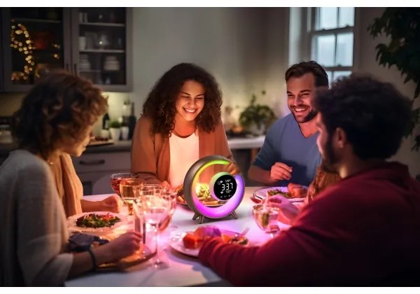 Immax 08981L - Lampă de birou LED RGBW dimabilă cu ceas PEACOCK LED/20W/5V USB