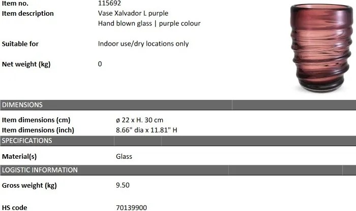 Vaza flori, Vas decorativ Xalvador L, mov 115692 HZ