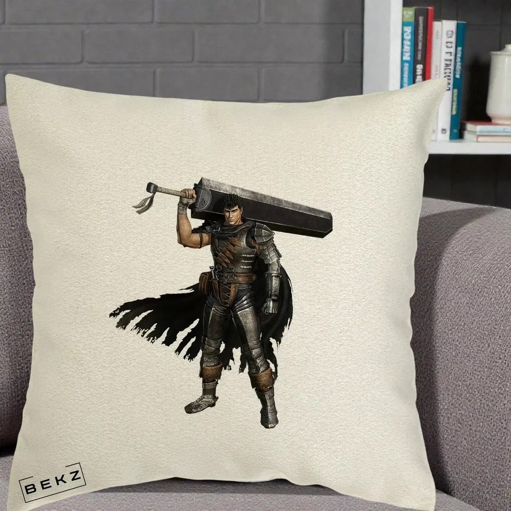 Perna Personalizata Berserk Guts Luptatorul Negru, 40x40 cm, Ecru, Husa Detasabila, Perna Inclusa, BEKZ®