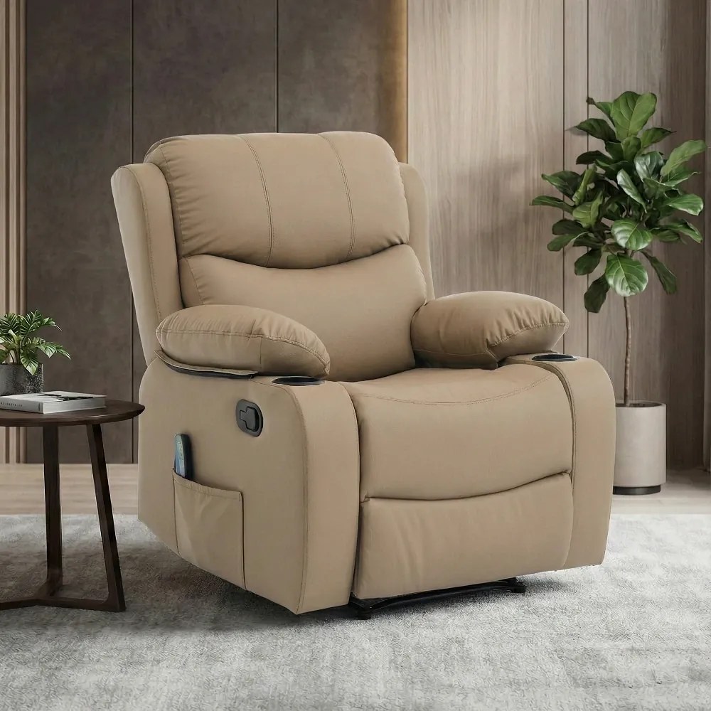 Fotoliu Masaj, Incalzire, rabatabil, sezut cu arcuri metalice, suport picioare extensibil, piele PU, Maro deschis