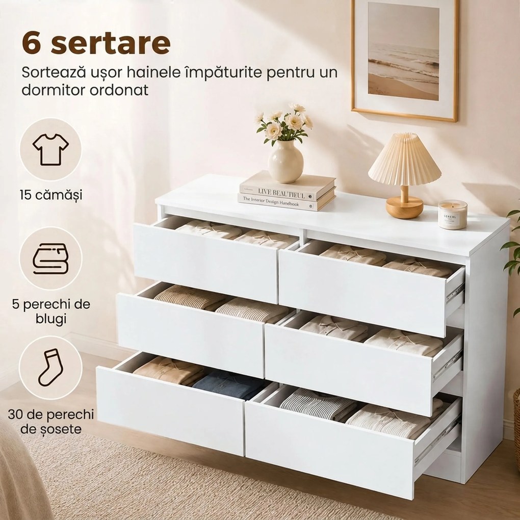 HOMCOM Comodă cu Sertare 6 Sertare Modernă cu Mânere Integrate Ascunse, Economisire Spațiu, PAL, 100x35x69 cm, Alb | Aosom Romania