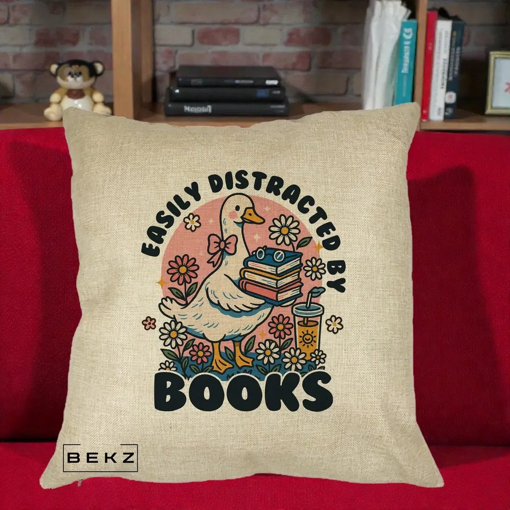 Perna Personalizata Easily Distracted by Books, 40x40 cm, Crem, Husa Detasabila, Perna Inclusa, BEKZ®