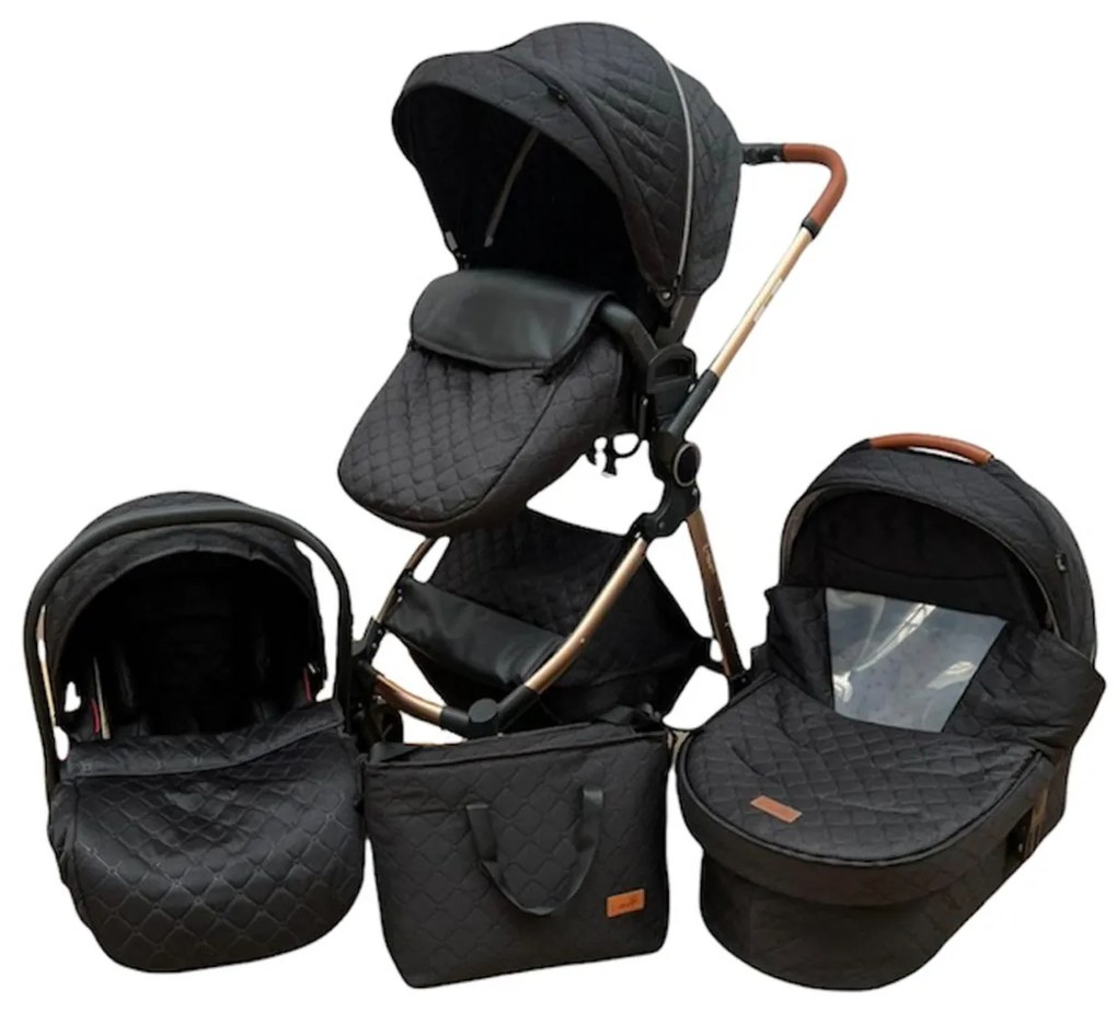 Carucior 3 in 1 cu landou, scoica si geanta, 0-36 luni, Negru - CPC-11-negru