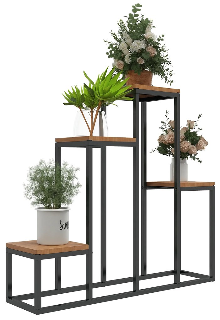 Outsunny Raft de plante, etajeră de flori din metal și lemn cu 4 nivele de înălțimi diferite în stil industrial 80 x 20 x 74 cm | Aosom Romania