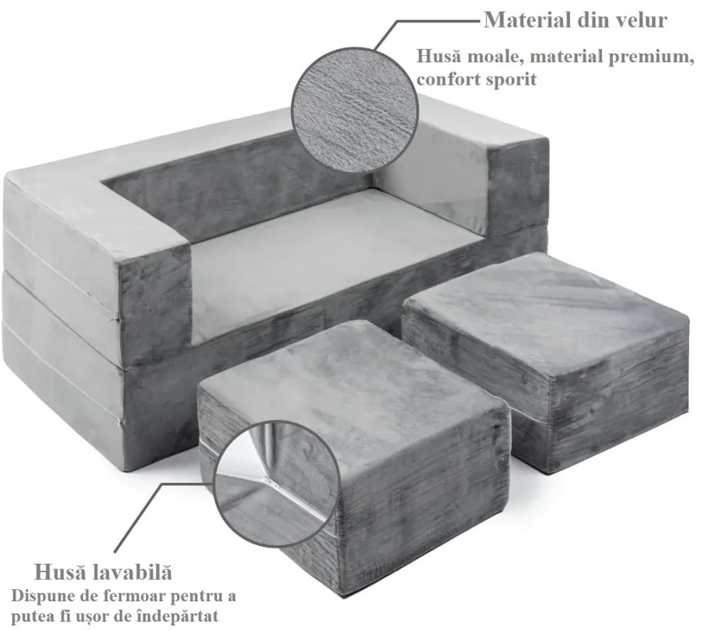 Canapea modulară pentru copii, spumă cu memorie, țesătură din velur, Bonus pernă în formă de semilună, 50x100x40 cm, Gri
