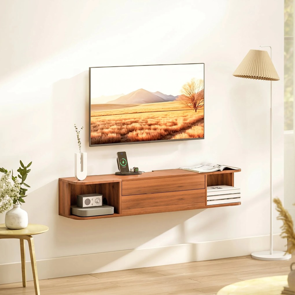 HOMCOM Suport TV suspendat până la 50" cu prize de curent, USB și tip C, sertar și rafturi, 120x24x22.4 cm, Nuc | Aosom Romania