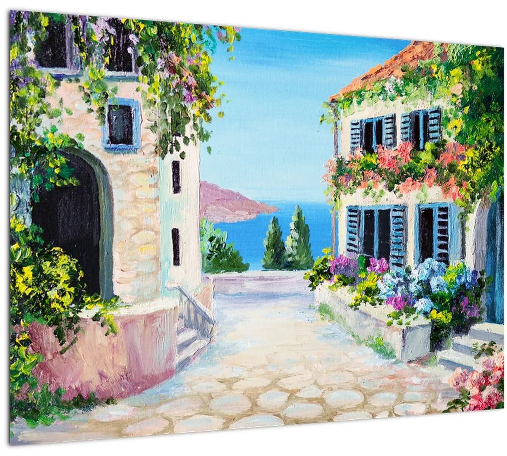 Tablou pe sticlă - Alee grecească, pictură în ulei (70x50 cm)