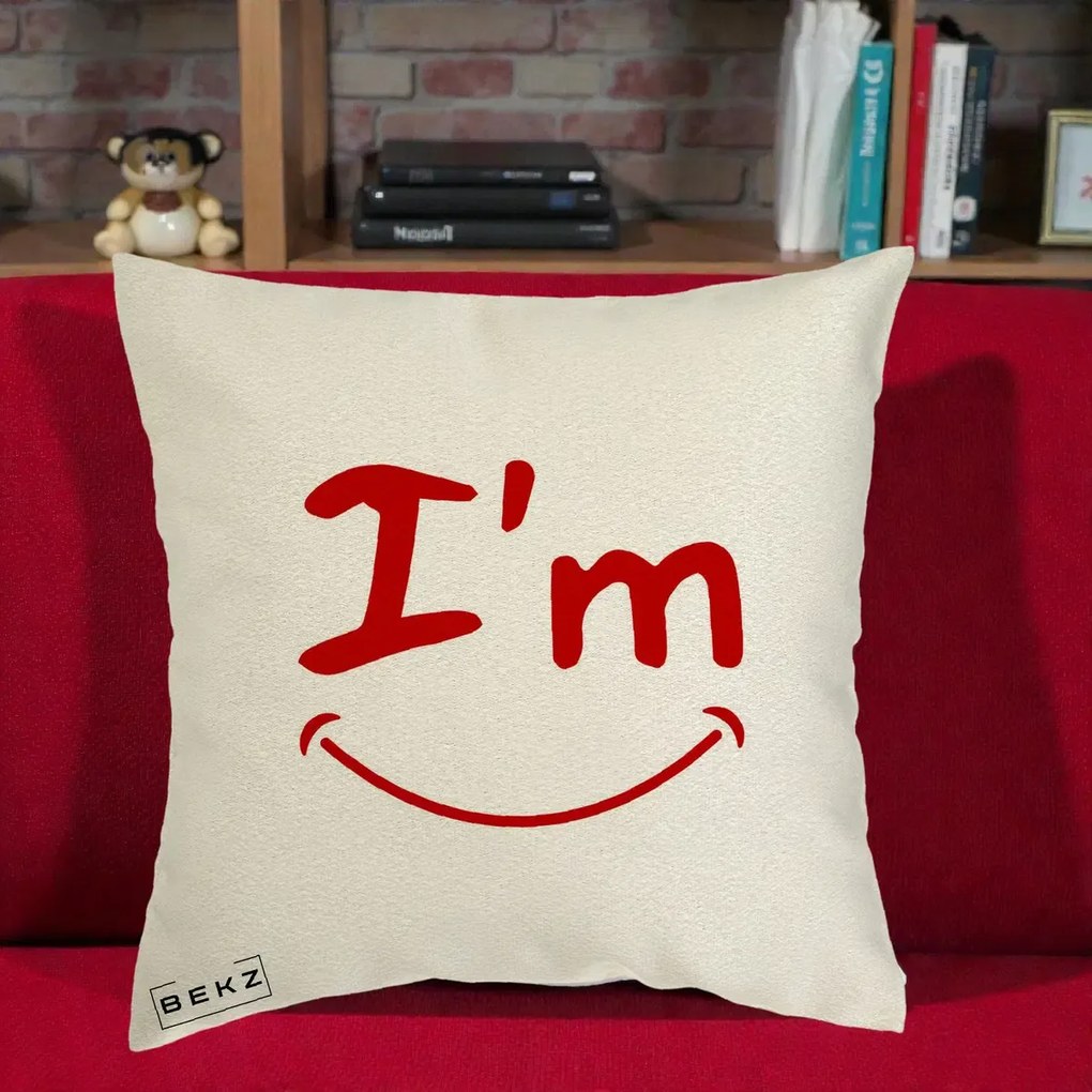 Perna Decorativa I'm Happy Smile, 40x40 cm, Ecru, Husa Detasabila, Perna Inclusa, BEKZ®