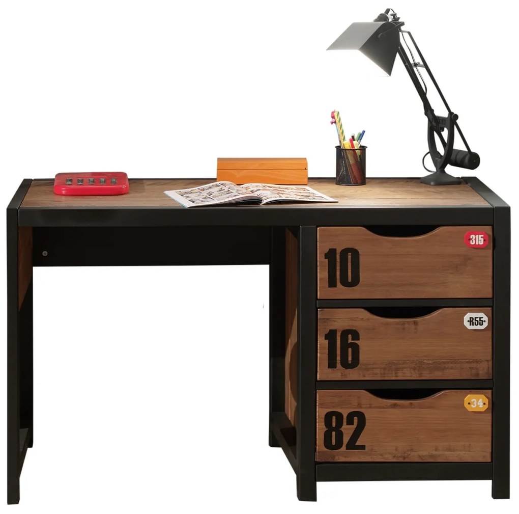 Set ALEX conține un Pat copii de 90x200cm, noptieră, sub Pat copii, birou, Dulap camera copii cu 3 uși, bibliotecă și o comodă cu 3 sertare