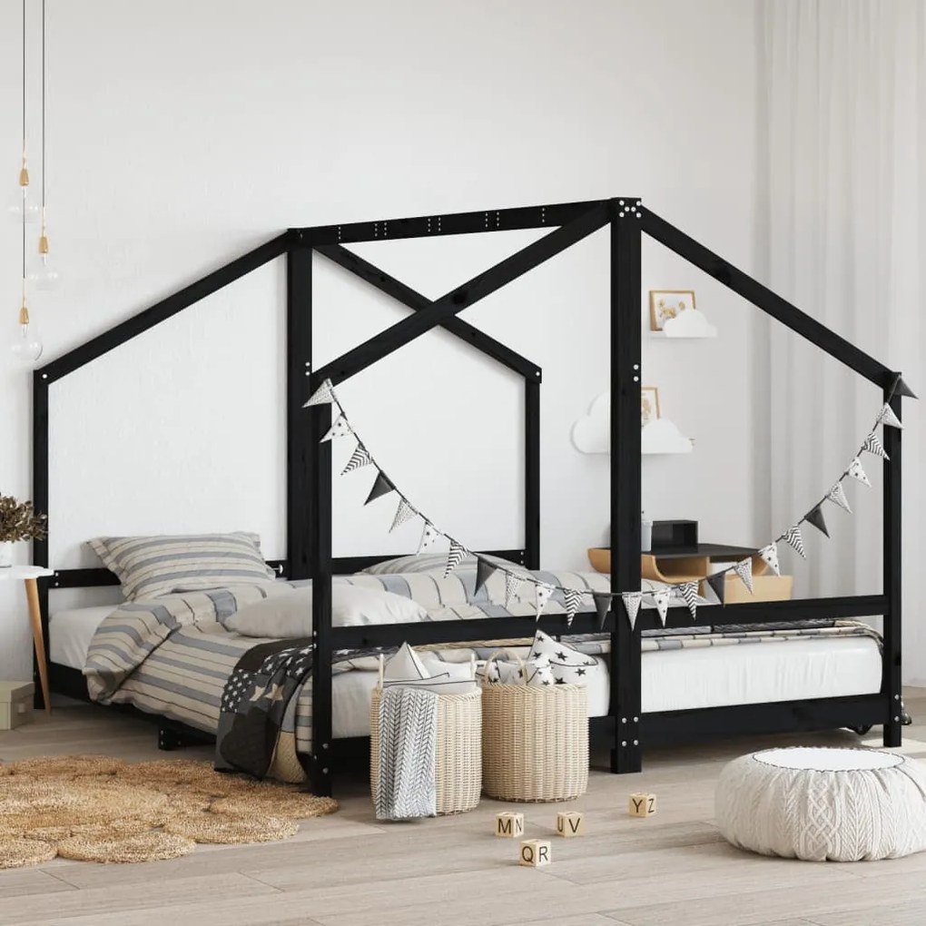 3200591 vidaXL Cadru de pat pentru copii negru 2x(90x200) cm lemn masiv de pin