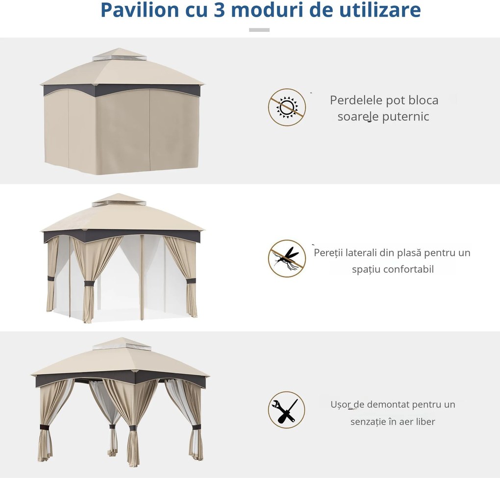 Outsunny Foișor Grădină 3x3x2.9m, Copertină Exterior cu Acoperiș Dublu, Perfect pentru Grădină, Gazon, Curte, Bej | Aosom Romania