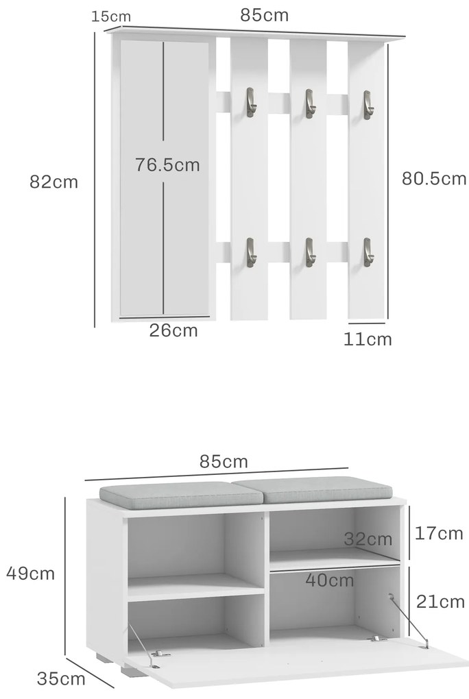 HOMCOM Set de Depozitare pentru Hol 4-în-1, Cuiere, Oglindă, Bancă pentru Încălțăminte cu Scaun, 85x35x49 cm, Alb | Aosom Romania