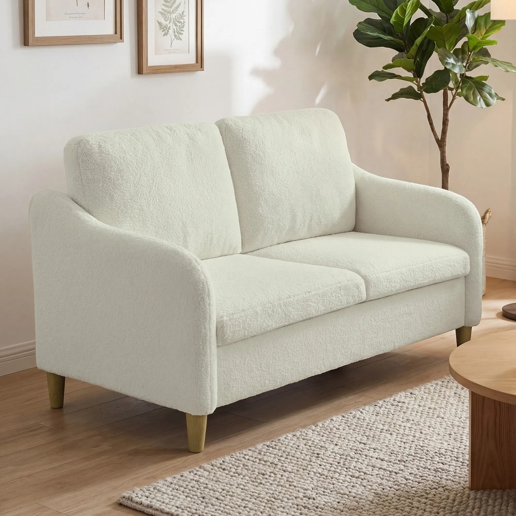 HOMCOM Divan 2 Locuri Imbottit în Sherpa cu Perne Detașabile, Picioare din Lemn de Eucalipt, Design Compact pentru Living, 137x69x82 cm, Crem | Aosom Romania