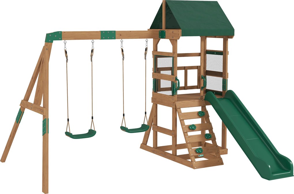 AIYAPLAY Turn de joacă Cadru de cățărat Lemn Cadru de leagăn cu tobogan 2 leagăne Perete de cățărat pentru 3-8 ani 315x284x233 cm Verde | Aosom Romania