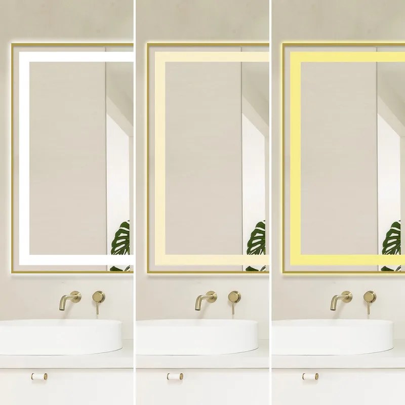 Oglindă Baie LED și Dezaburire Elit's Premium cu Senzor Touch, Lumina Rece, Caldă și Neutră, 120x80 cm, cu rama Bronz Gold Antichizat, Ceas