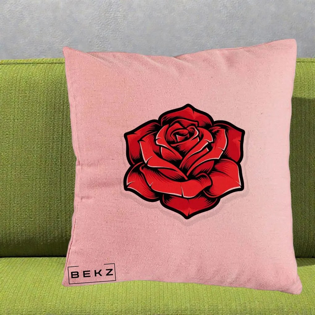 Perna Decorativa Trandafir Rosu Tattoo, 40x40 cm, Roz, Husa Detasabila, Perna Inclusa, BEKZ®