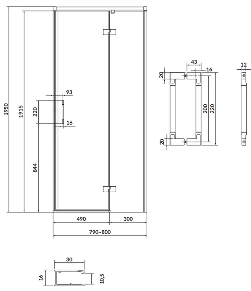 Usa sticla dus batanta 80x195 cm profil negru Cersanit Larga, montare dreapta 800x1950 mm, Dreapta, Negru mat