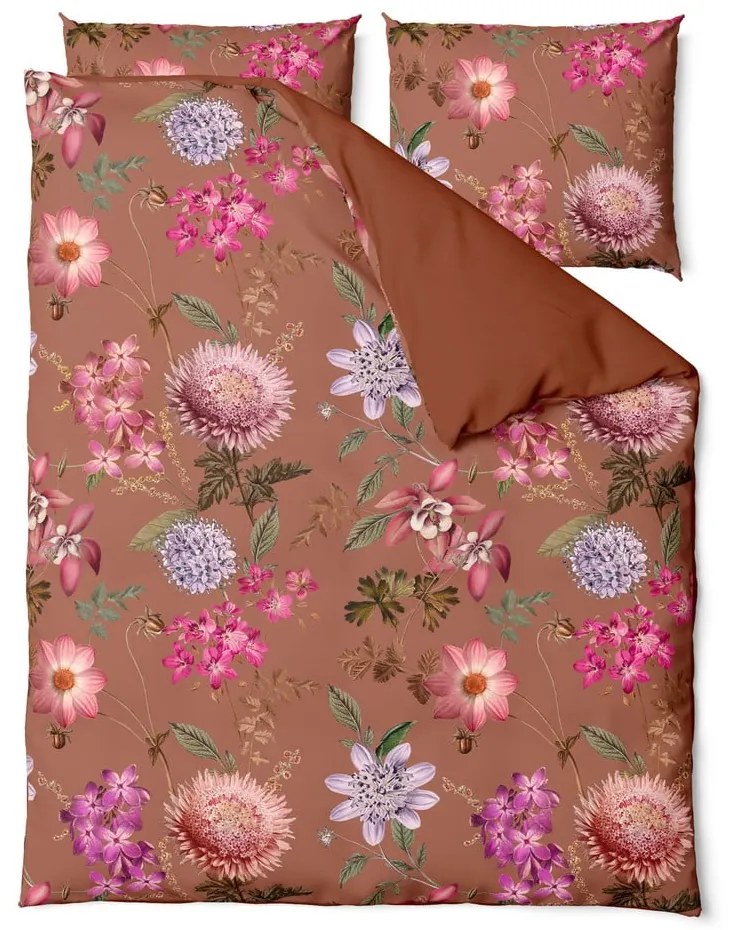 Lenjerie de pat din bumbac satinat pentru pat dublu Bonami Selection Blossom, 200 x 220 cm, maro teracotă