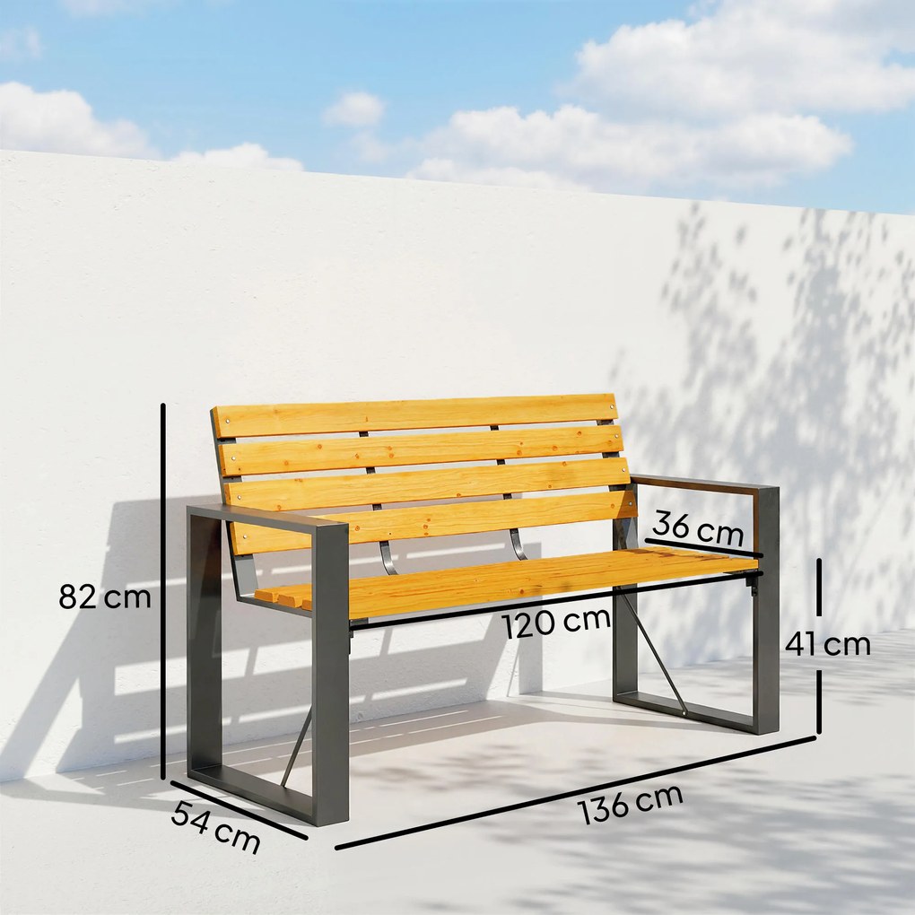 Outsunny Bancă de grădină 2 locuri, rezistentă la intemperii, bancă din lemn cu design cu șipci și cotiere, capacitate 240 kg Lemn natural | Aosom Romania