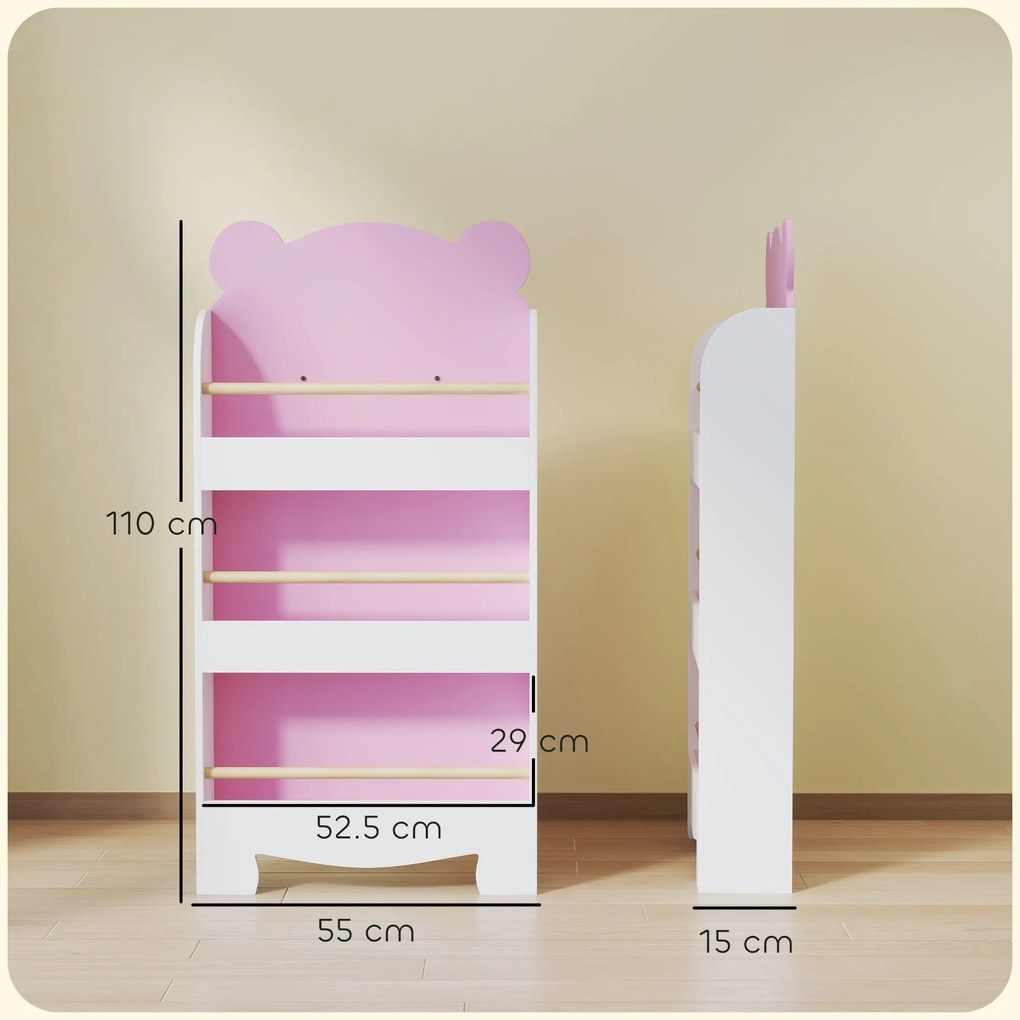 AIYAPLAY Bibliotecă pentru Copii 3 Rafturi în Formă de Ursuleț 55x15x110 cm, Roz | Aosom Romania