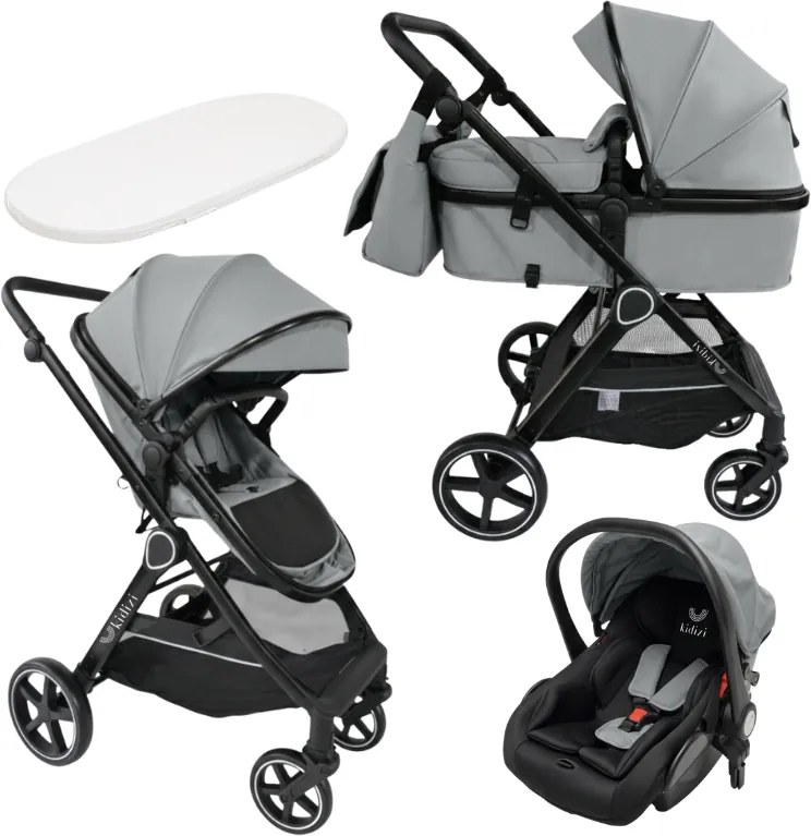 Carucior copii 3 in 1 Kidizi Moveo gri, landou transformabil in parte sport, scoica auto R129, cadru black, pana la 22 kg (0–4 ani), saltea si geanta incluse